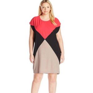 Calvin Klein 16W Coral Black Tan Color Block Sleeveless Women’s Shift Dress NWT